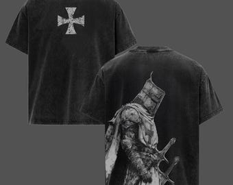 Crusader Knight Washed T-Shirt, Templar Cross Vintage Oversized Tee, Gothic Rose Warrior Graphic Shirt