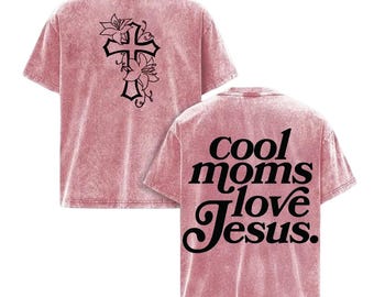 Vintage Washed Christian T-Shirt – Floral Cross, Moms Love Jesus