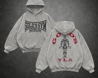 Gold's YLA Bodybuilding Vintage Washed Hoodie, Oversized Heavyweight Gym Pullover