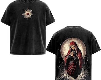 Sacred Heart Virgin Mary Vintage Washed Oversized Christian Graphic Tee