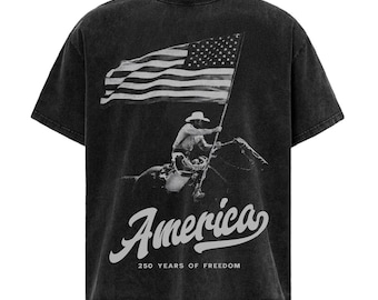 Camiseta lavada del 250 aniversario de Estados Unidos, camiseta patriótica de vaquero rodeo, camiseta de la libertad 1776-2026