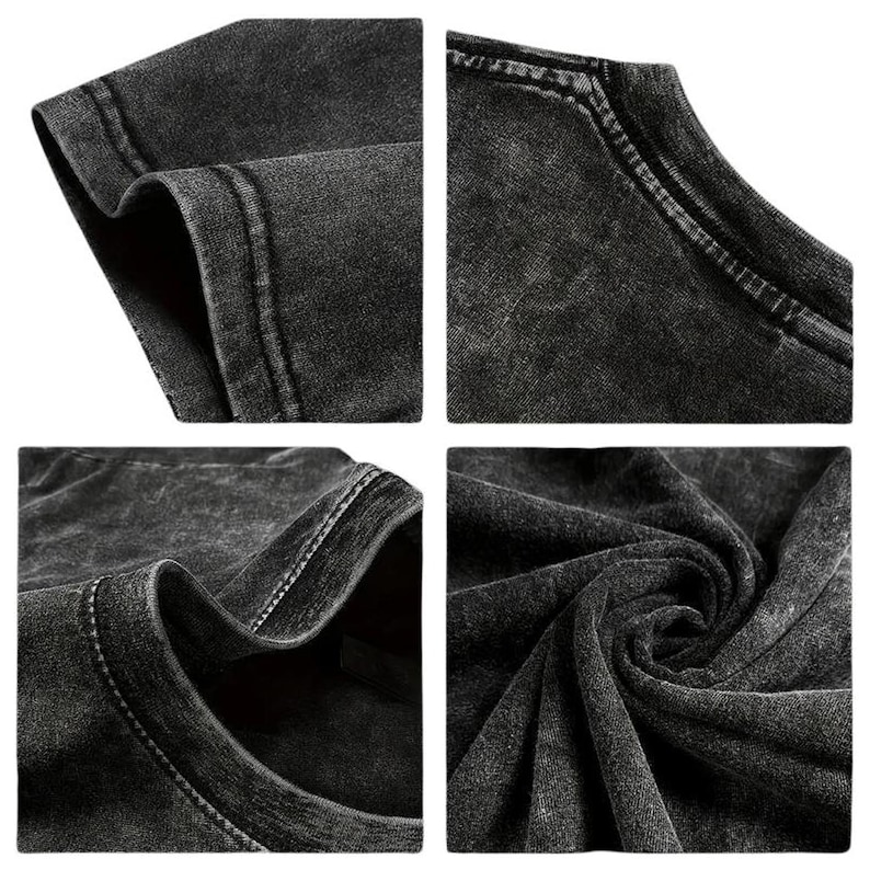 May include: Close-up shots of a dark gray, acid-washed t-shirt. The images highlight the texture and stitching details of the fabric, including the neckline, sleeves, and hem. The fabric appears soft and slightly worn.