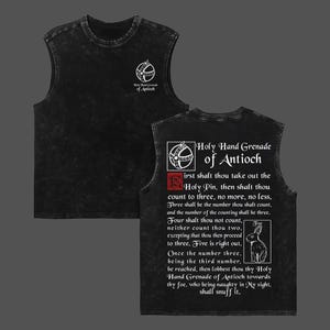 May include: A black acid-wash sleeveless shirt featuring a small graphic on the front and a large graphic on the back. The back print displays the text Holy Hand Grenade of Antioch with a detailed instructional passage and a rabbit illustration.