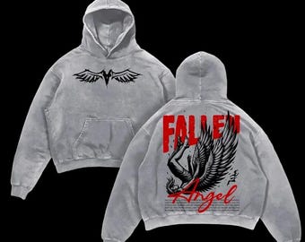 Fallen Angel Vintage Washed Hoodie Apparel – Dark Angel Wing Graphic