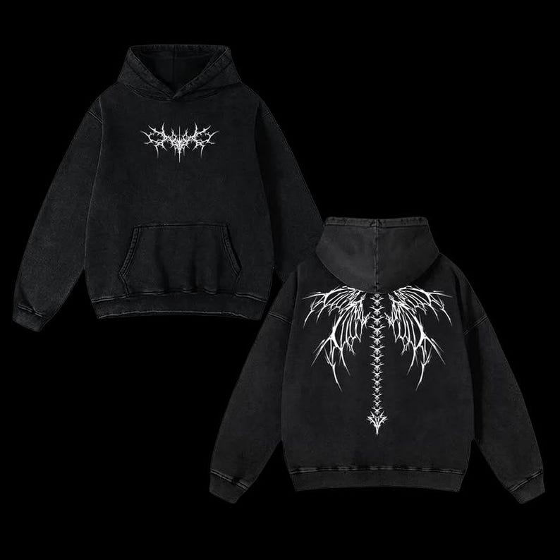May include: Two black hoodies with white graphic designs. One hoodie has a front chest design, the other has a back design. The hoodies have a front pocket and a hood. The graphic designs appear to be abstract and gothic in style.