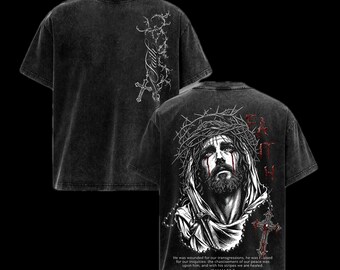 Camiseta lavada con la corona de espinas de Jesús, Isaías 53:5, camiseta gráfica cristiana vintage de fe.