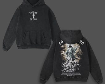Soldier of God Washed Hoodie Set Romans 13:4 Christian Graphic Vintage Oversized Streetwear