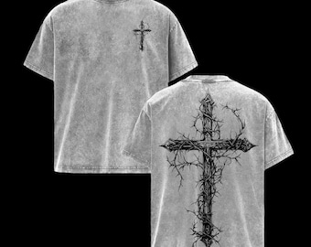 Camiseta extragrande lavada con gráfico bíblico gótico de Jesús y cruz de espinas