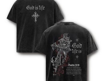 God Is Life Washed T-Shirt, Christian Gothic Cross Graphic Oversized Vintage Faith Tee