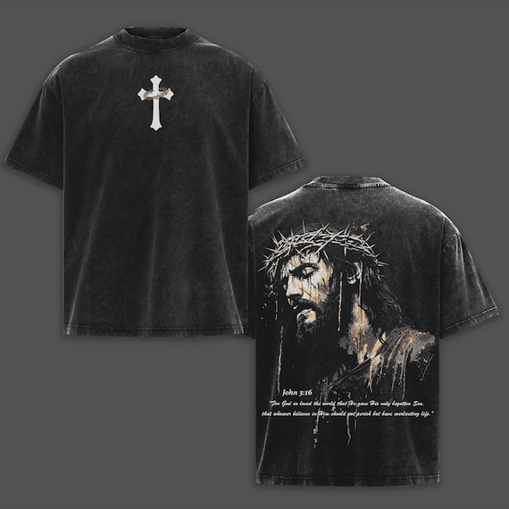 Jesus Cross Washed T-shirt, John 3:16 Christian Oversized Tee