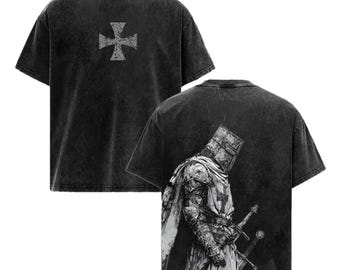 Crusader Knight Washed T-Shirt, Templar Cross Vintage Oversized Tee, Gothic Rose Warrior Graphic Shirt