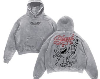 Blessed Angel Washed Hoodie Vintage Christian Oversized Hoodie Cherub Cross Graphic Faith Streetwear