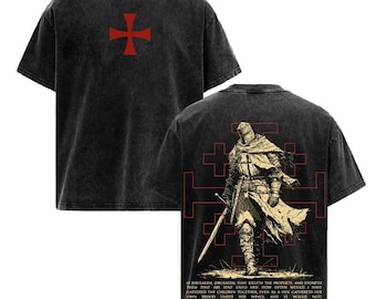 Camiseta lavada de caballero cruzado, camiseta cristiana vintage extragrande, camiseta medieval de guerrero de la fe con cruz.