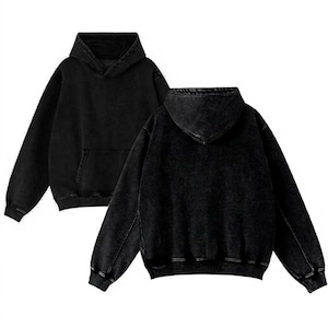 May include: Two black hoodies with a distressed, washed-out appearance. The hoodies feature a classic design with a hood, long sleeves, and a front pocket. The fabric has a textured look, suggesting a vintage or worn style.