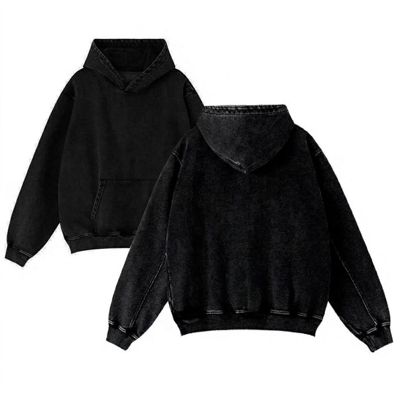 May include: Two black hoodies with a distressed, washed-out appearance. The hoodies feature a classic design with a hood, long sleeves, and a front pocket. The fabric has a textured look, suggesting a vintage or worn style.