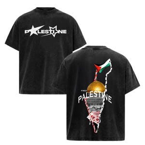 May include: Black t-shirt with the word "PALESTINE" in white, stylized with a star graphic. The back of the shirt features a graphic of a gold dome, a flag, and the word "PALESTINE" with the words "FREE" above it.