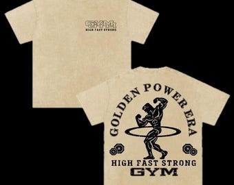 Golden Power Era Washed T-Shirt, Vintage Gym Oversized Tee, Bodybuilding Fitness Shirt