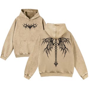 Y2K Gothic Angel Wing Vintage Washed Hoodie Oversized Dark Streetwear image 3