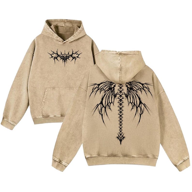 Y2K Gothic Angel Wing Vintage Washed Hoodie Oversized Dark Streetwear image 3