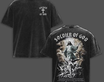 Soldier of God Washed T-Shirt, Romans 13:4 Oversized Tee, Christian Double-Sided Shirt