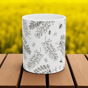 Black and White Honey Bee Ceramic Mug, Floral Design, 11oz, 15oz - Coffee Mug, Tea Cup