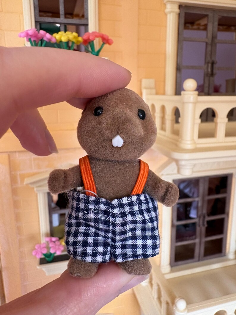 May include: A brown toy beaver figure with black eyes and a white tooth. It wears blue and white checkered shorts with orange suspenders. The figure is held in front of a building with a balcony and flowers.