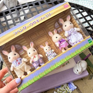 May include: A boxed set of toy rabbit figures, the Lavender Rabbit Family, with the Japanese text "ラベンダーウサギファミリー" on the box. The rabbits are dressed in various outfits, including dresses and overalls. The box has a lavender and green design.