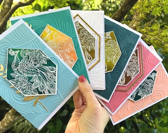 Ręcznie robione karty z diamentowym pawiem