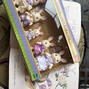 May include: A boxed set of toy rabbit figurines, each with a white body and dressed in various pastel-colored outfits. The box has Japanese text and is resting on an open book with illustrations of flowers and text.