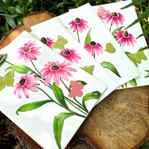 Tarjetas de flores y mariposas de equinácea pintadas a mano en acuarela (tarjetas de 5x7)