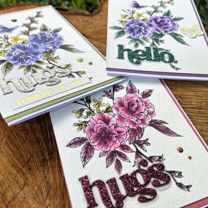 Tarjetas florales hechas a mano con letras prensadas y sentimientos brillantes, elija entre tres opciones