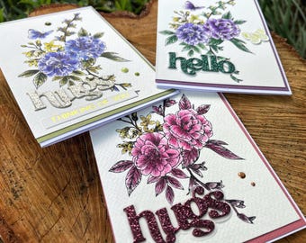 Ręcznie robione, tłoczone kartki kwiatowe z błyszczącymi sentencjami, do wyboru trzy