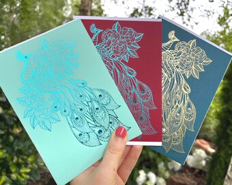 Handmade foiled peacock cards (set of three)