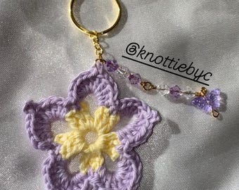 Crochet Purple Flower Keychain with Bead Charm