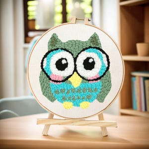 May include: A colorful owl embroidery hoop art piece. The owl features large eyes with black, white, blue, and pink details, and a green body with blue and yellow accents. The artwork is displayed on a small wooden easel.