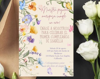 Flowers & Butterflies First Birthday Invitation: Editable Canva Template (Digital Download)