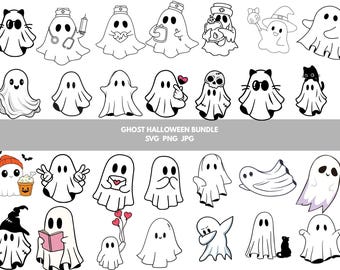May include: A selection of black and white ghost illustrations in different poses and costumes. Some ghosts wear hats, hold objects, or have cat-like features. The text "GHOST HALLOWEEN BUNDLE SVG PNG JPG" is displayed.