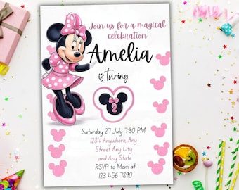 Minnie Mouse birthday invitation, Mickey Birthday Invitation, editable pink template invite for kids 2 years old party invitation layout