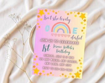 May include: A colorful invitation with the text "Isn't she lovely" and "One derful" with a rainbow graphic. The invitation is for a first birthday party, with details including the date, time, and location.