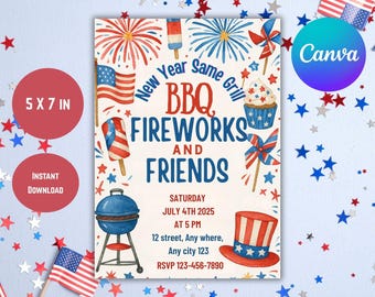Editable 4th of July BBQ Invitation, Fireworks (Digital Download)