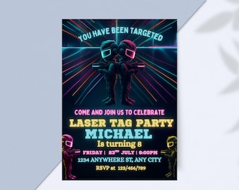 Editable Laser Tag Birthday Party Invitation, Neon Birthday Party, Neon Laser Party Invitation, Boy Girl Birthday, glow laser party birthday