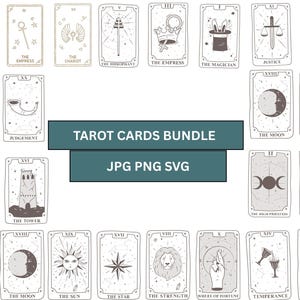 Pode incluir: Um conjunto de cartas de tarot com ilustrações em preto e branco. Cada carta apresenta símbolos e títulos únicos, como "O Carro", "A Imperatriz" e "O Mágico". O texto "TAROT CARDS BUNDLE" e "JPG PNG SVG" também está presente.
