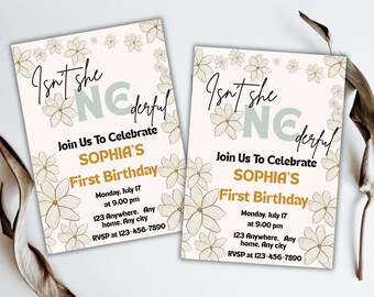 May include: Two invitations for Sophia's first birthday. The invitations have a light beige background with floral accents. The text reads "Isn't she wonderful" and includes the date, time, and RSVP information.