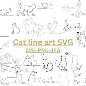 Op de afbeelding: Een verzameling zwarte lijntekeningen van katten in verschillende poses, waaronder zitten, rekken en spelen. De afbeelding bevat de tekst "Cat line art SVG" en "SVG-PNG-JPG".
