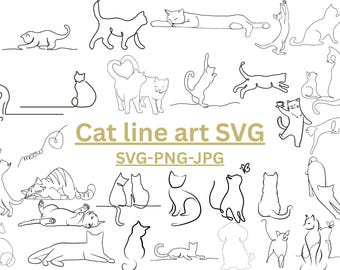 Elegant Cat Line Art SVG Bundle: Minimalist Black & White Clipart (Digital Download