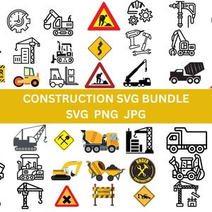 Könnte beinhalten: Eine Sammlung von 42 Bau-Designs im SVG-Format in Schwarz und Weiß, darunter verschiedene Fahrzeuge, Werkzeuge und Warnschilder. Die Designs umfassen Bagger, Kräne und Straßenschilder. Der Text "CONSTRUCTION SVG BUNDLE" ist gelb dargestellt.