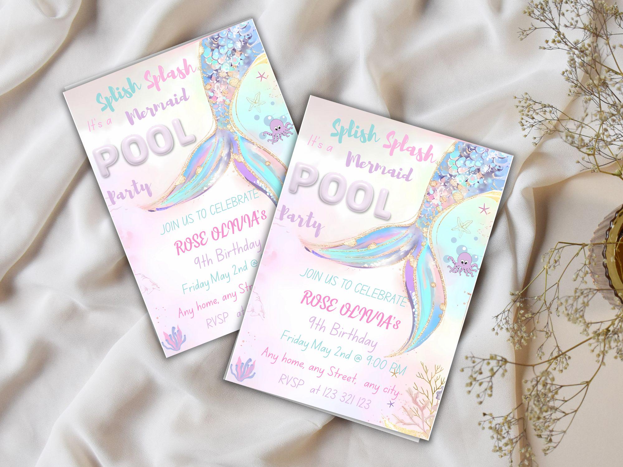 Mermaid Pool Party Invitation, Editable Splish Splash, Girl Birthday Invite, Birthday sparkle Template, under the sea mermaid, mermaid bash