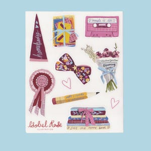 May include: A sticker sheet with illustrations including a burgundy pennant with "homebody", a pink cassette tape with "music is life", a bouquet, a "Crafty Queen" ribbon, a pencil, a bow, a stack of books, and hearts.