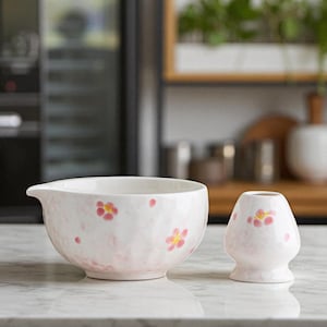 Set di ciotole per matcha in ceramica con fiori di ciliegio rosa, frusta in bambù e supporto per chasen, set da tè cerimoniale giapponese, regalo di compleanno per lei