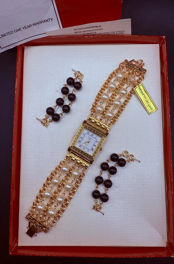 NIB Kenneth Jay Lane Gold Tone Watch Change Black Bead and Faux